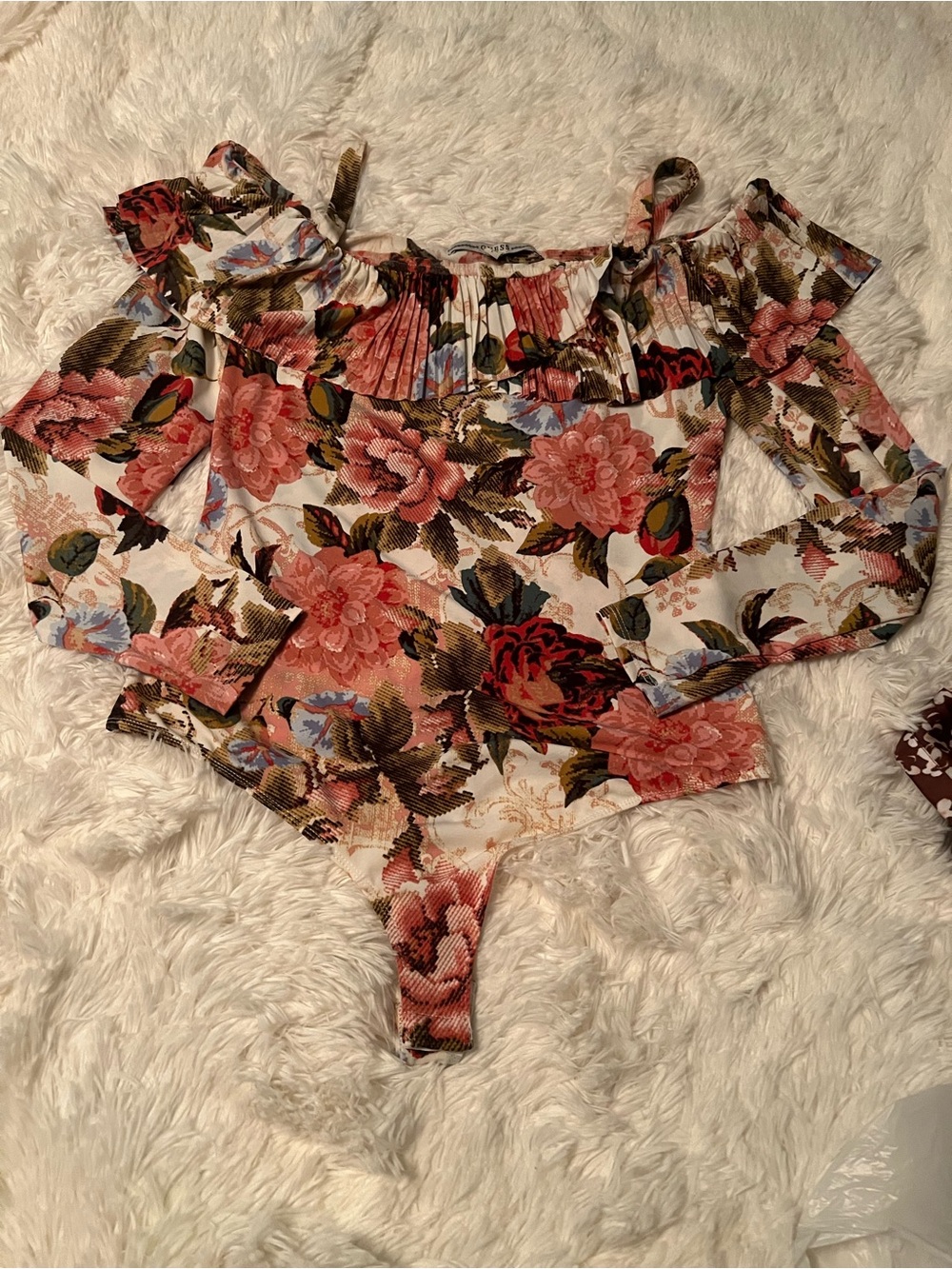 Guess Floral Off-Shoulder Bodysuit - Peach, Red, Green